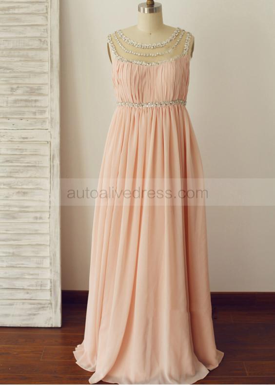 Crystal Beaded Peach Pink Chiffon Timeless Maternity Bridesmaid Dress